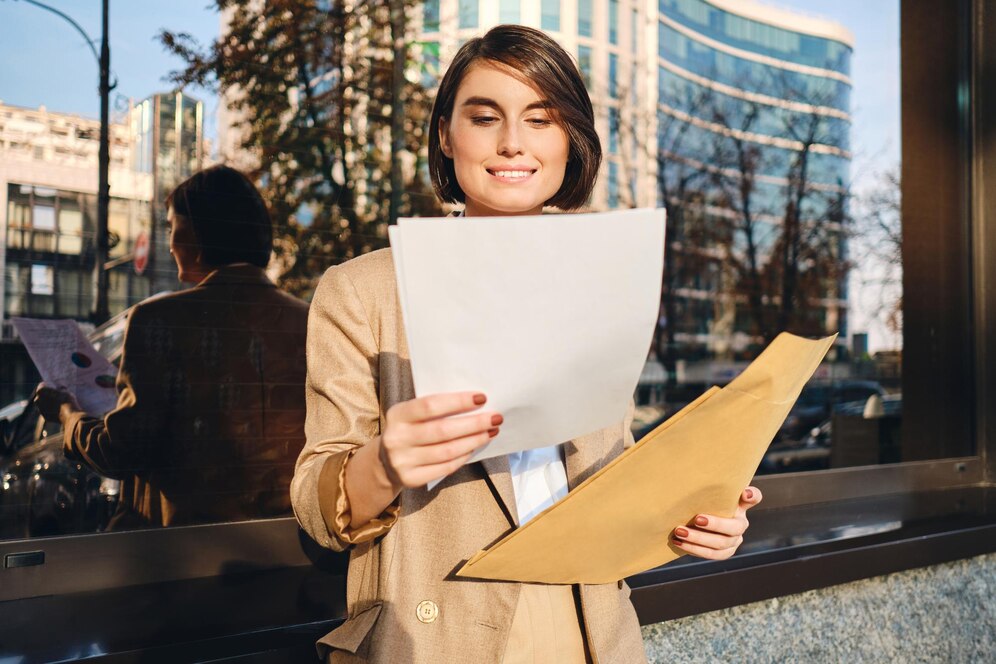 Brunette girl stylish holding paper